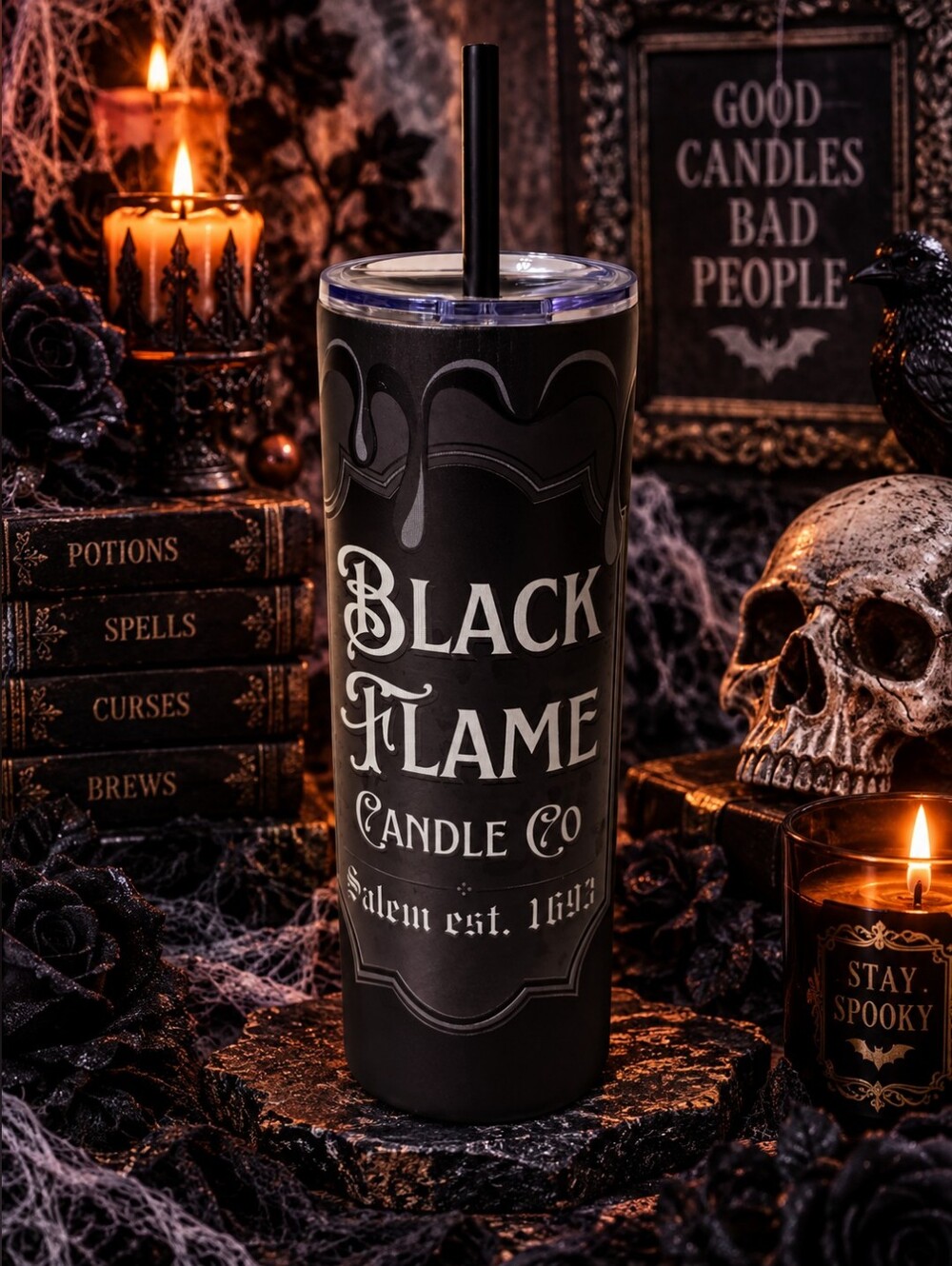 Daily Grind Halloween Black Flame Candle Tumbler